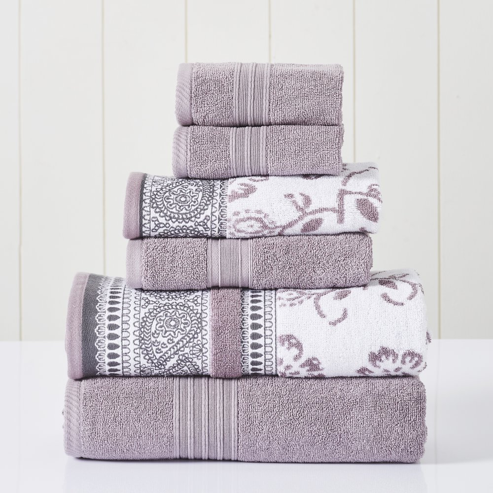 Modern Threads 6 Piece Floral Cotton Bath Towels, 27" x 54", Purple