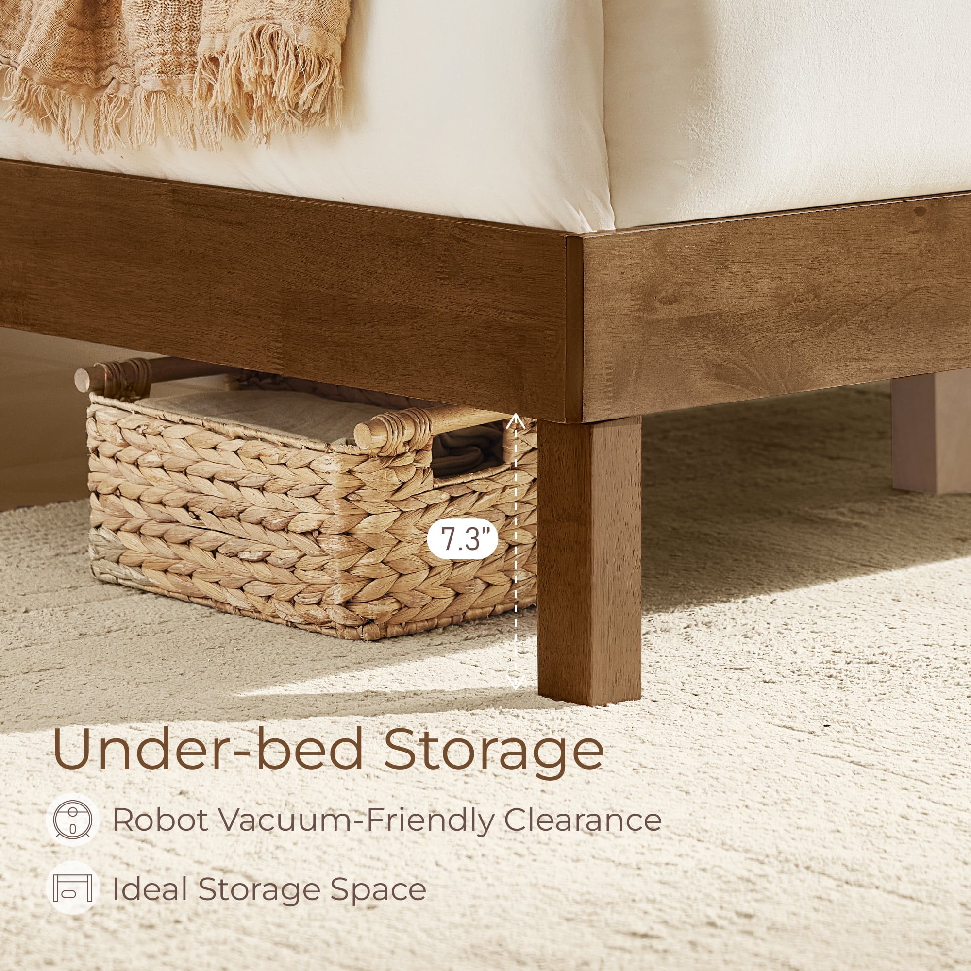 Spruce & Spring Modern Boucle Upholstered Platform Bed with Solid Wood Frame Walnut, Full