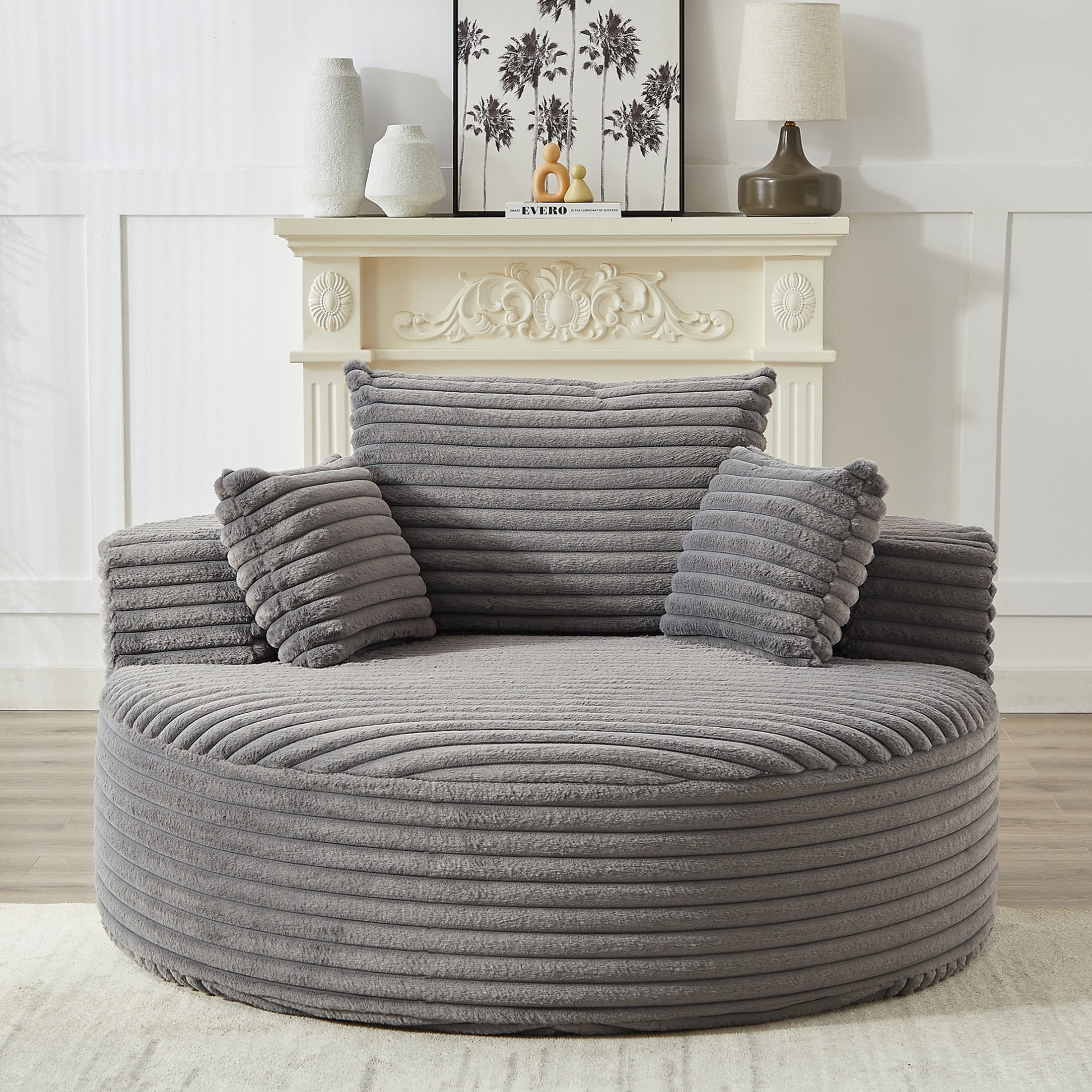 Aukfa 55" Oversized Round Chaise Lounge Chair Indoor, Corduroy Upholstered Sleeper Chair with Deep Seat & Pillows, Gray