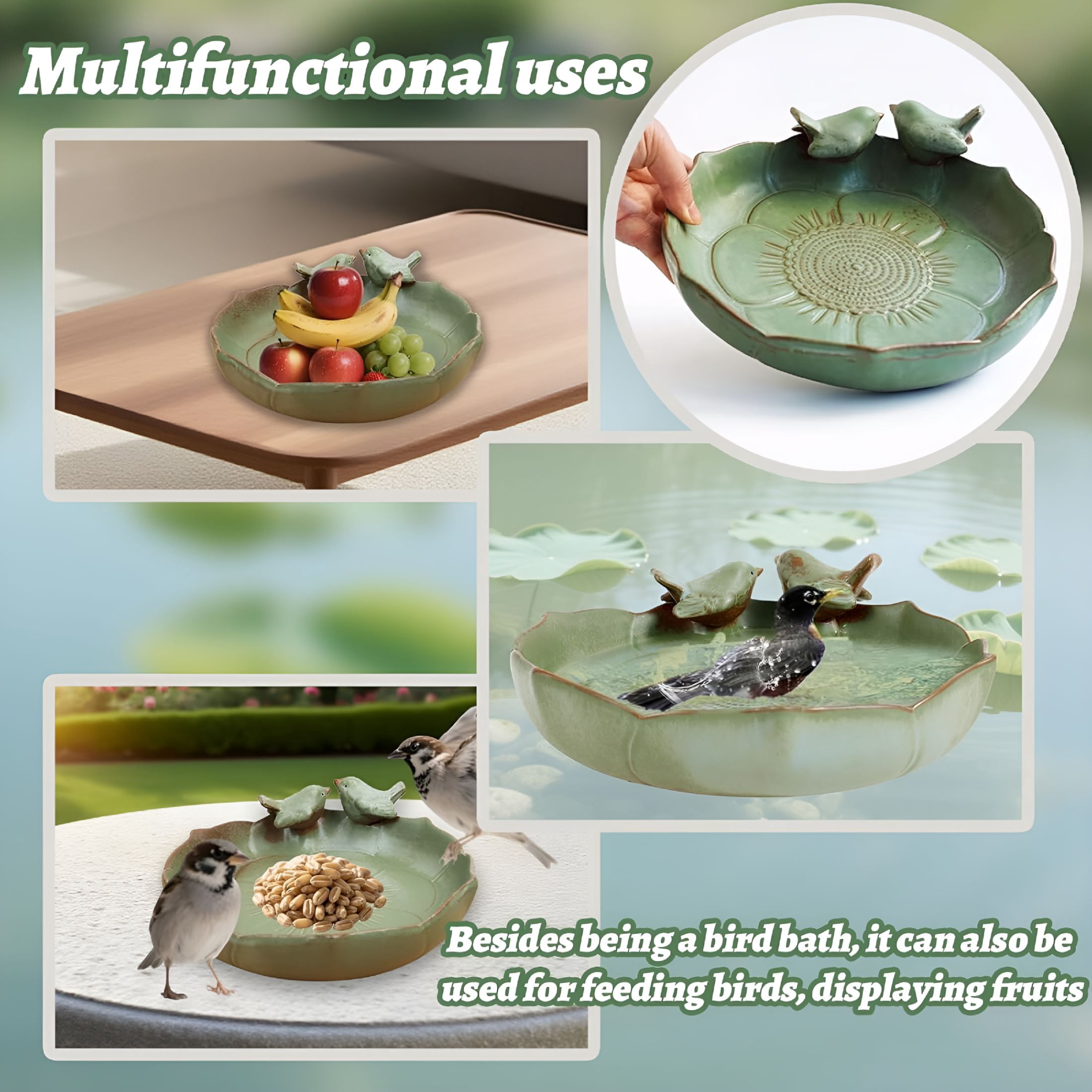 ACDANC Green Ceramic Bird Bath Bowl-9.45-Inch Ceramic Bird Baths for Outdoors,Durable Ground Bird Bath Bowl Ideal for Garden,Tabletop,Deck,Balcony&Lawn Use