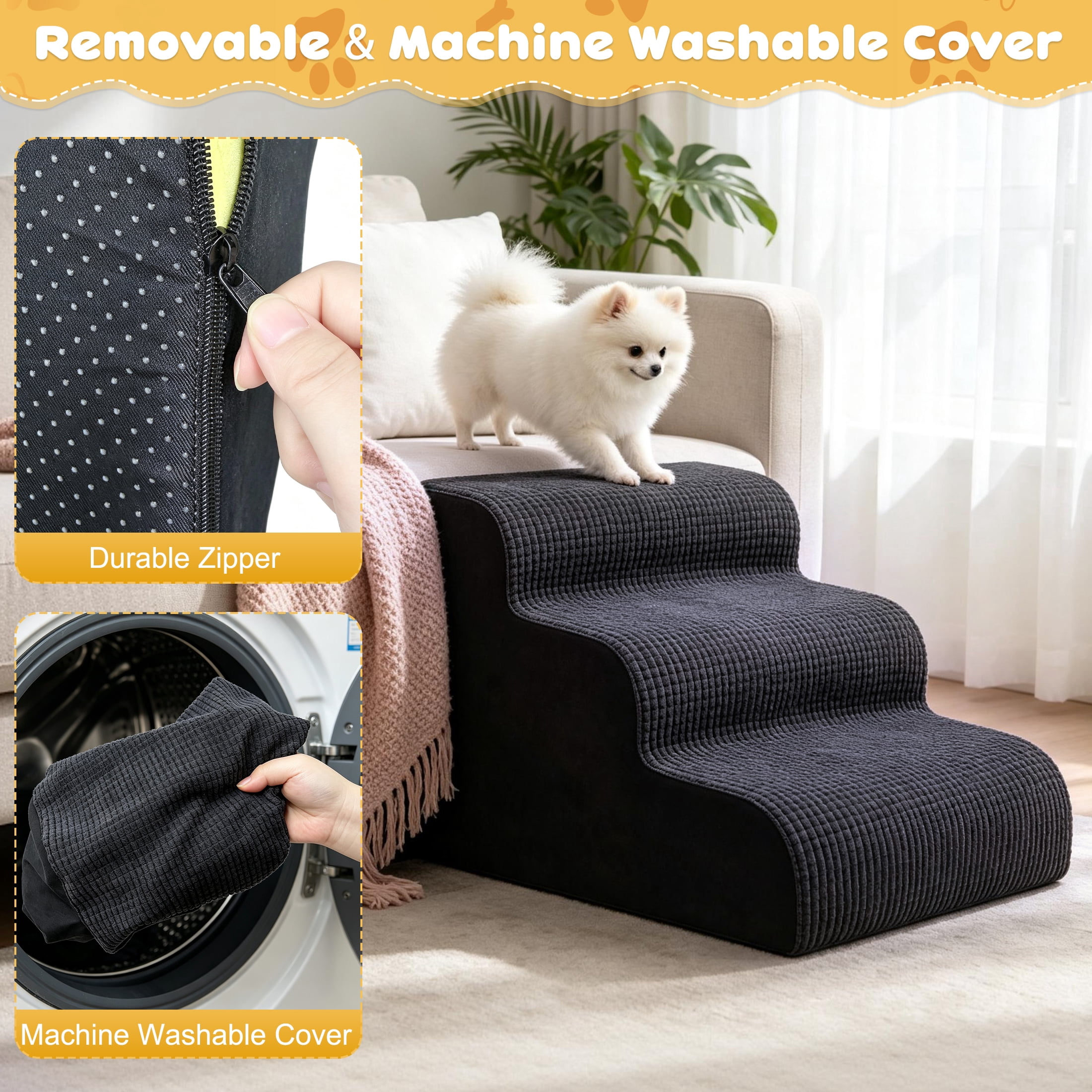 Pet Stairs, 3 Step High Density Foam Dog Steps for Small Dogs & Cats, Non Slip Pet Ramp with Removable Cover, Dog Stairs for Couch, Bed, Sofa