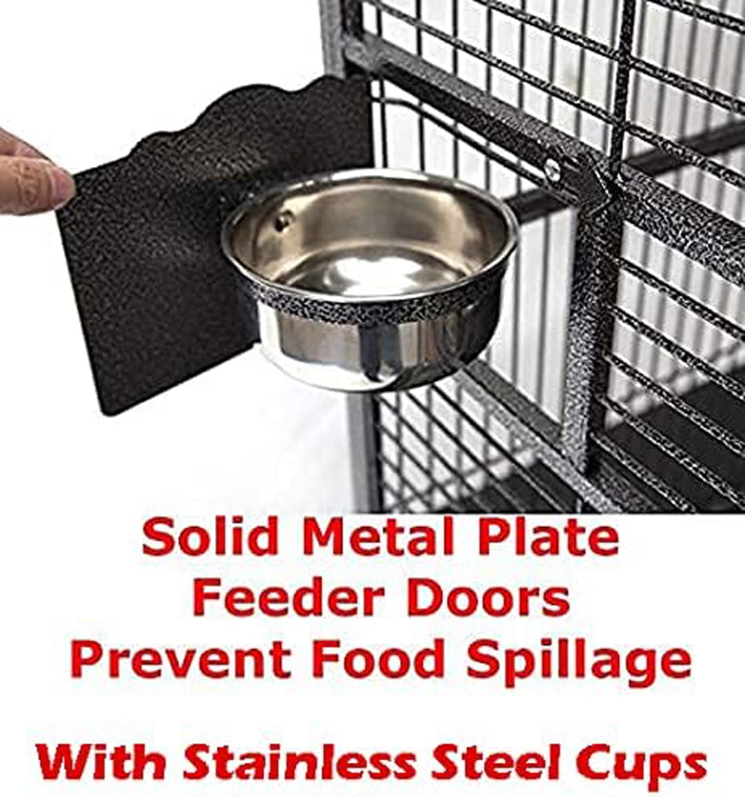 Large Elegant Stylish Wrought Iron Open/Close Play Top Perch Stand Bird Parrot Rolling Cage Include Stainless Steel Feeder Cups Metal Seed Guard Solid Metal Feeder Breeding Nest Doors