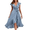 thumbnail image 2 of IDALL Robes d'Été, Robes Petites Femmes Col en V Manches Courtes à Volants Longue Robe Élégante, Robe Ajustée et Évasée, Robes Femmes Bleu 4 Robe L, 2 of 5