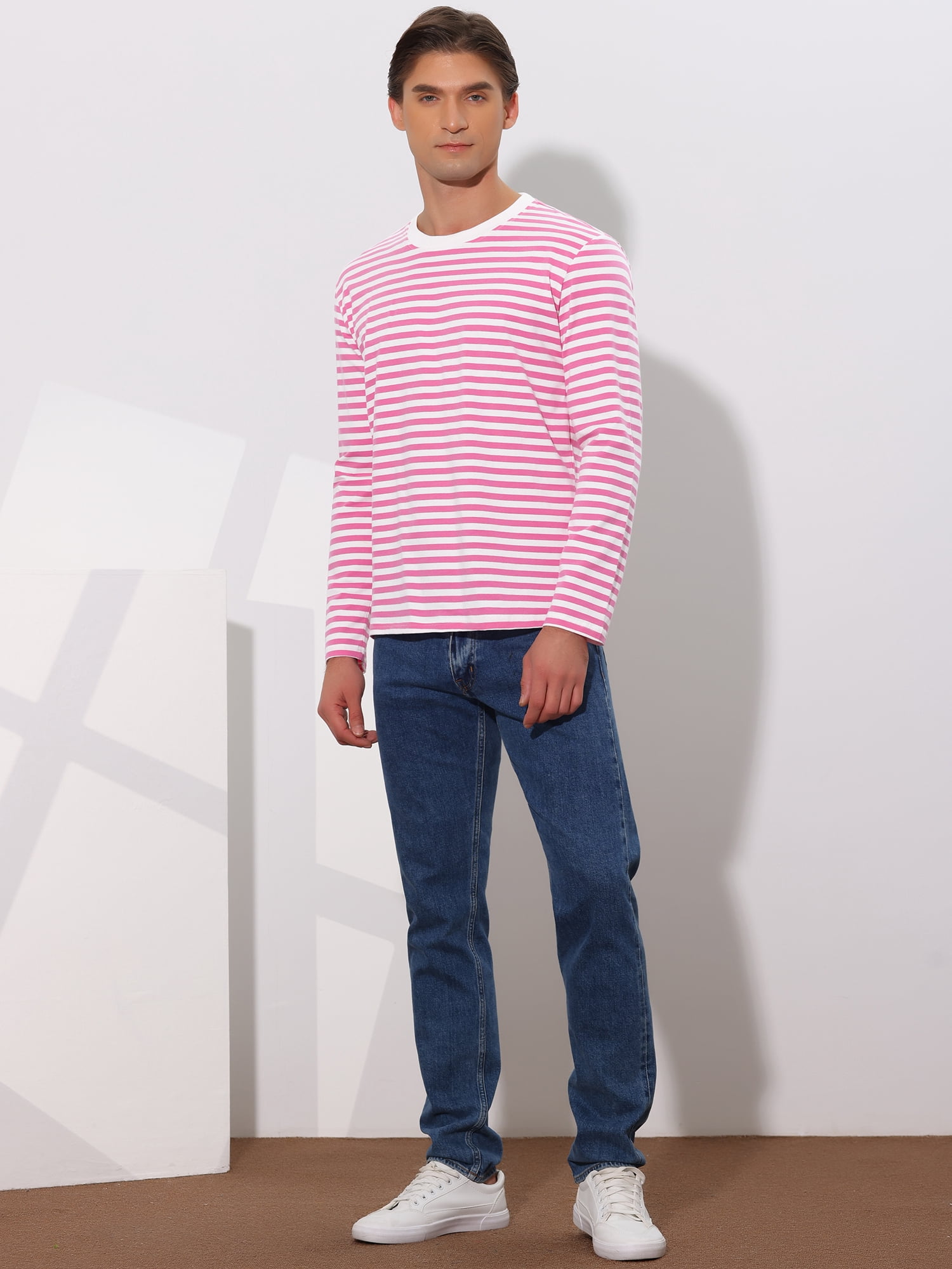 Unique Bargains Men's Long Sleeve Pullover Top Crew Neck Striped T-Shirts 38 Pink White