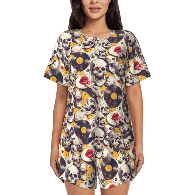 Fotbe lips record rock Skull Conjunto de Pijama Estampado para Mujer, 2 Piezas, Ropa de Dormir con Camiseta de Manga Corta y Shorts Suaves-Medium