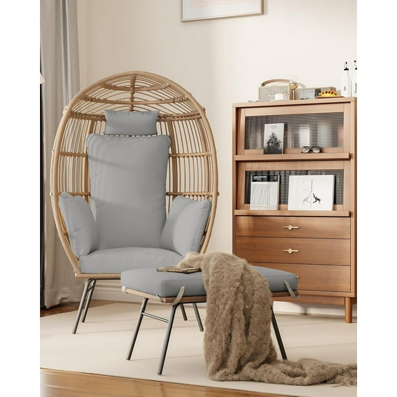 Patio Egg Chair Outdoor with Ottoman - Wicker Egg Chair Oversized Patio Lounge Chairs with Cushions, Metal Frame Stand, for Balcony, Patio, Living Room, Gery