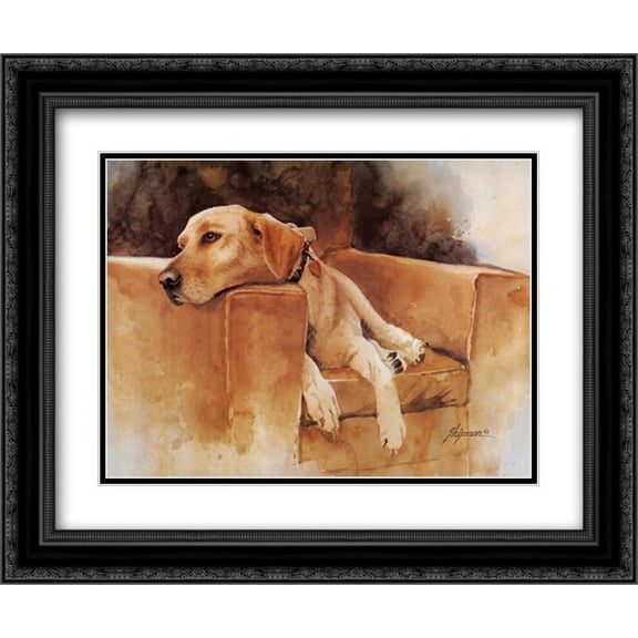 Dog Tired (Yellow Lab) 2x Matted 26x20 Black Ornate Framed Art Print by Barbara Shipman