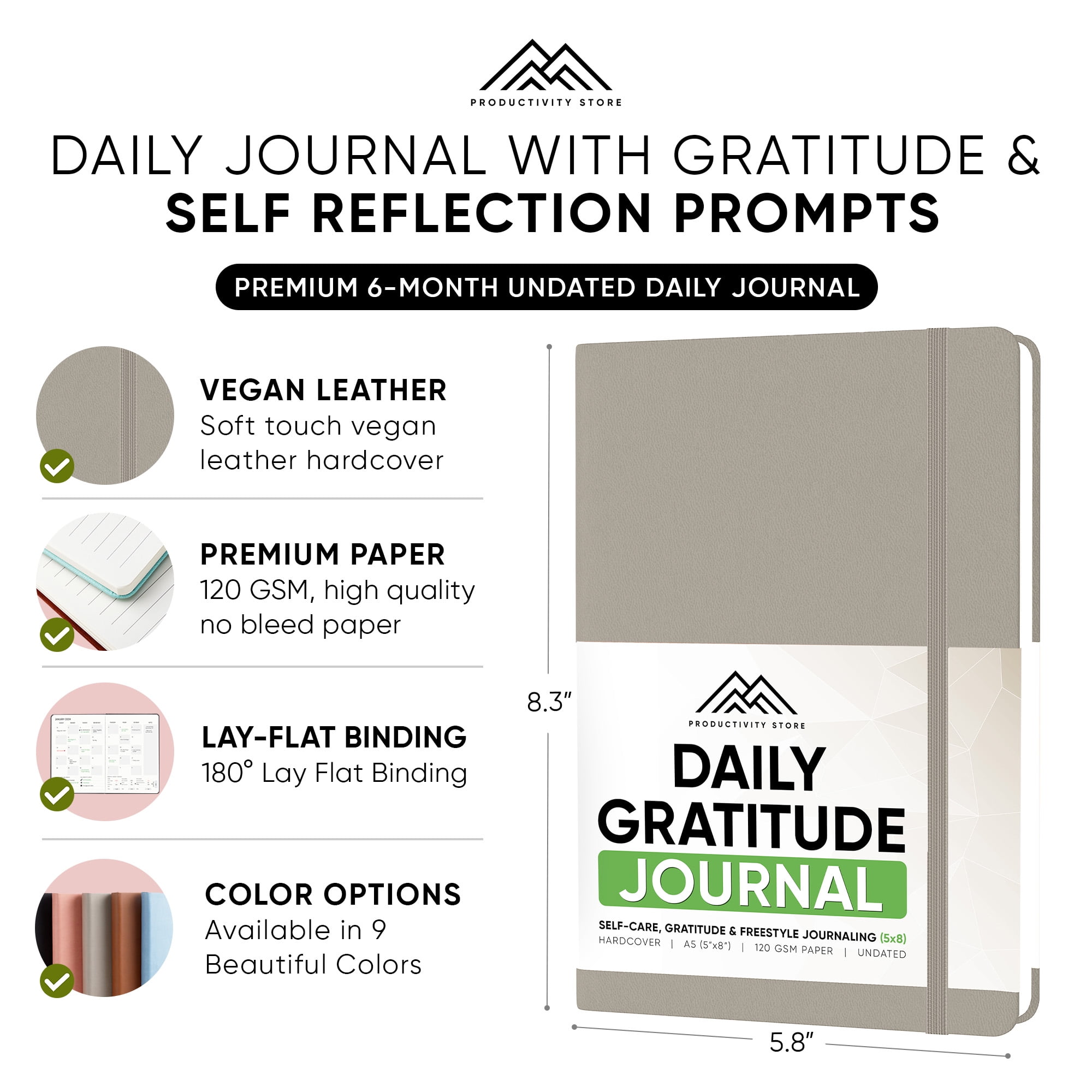 Daily Journal For Mindfulness & Productivity - Inspirational Journals To Write In, Writing Prompt Journal & Guided Journal Gifts For Men & Women - Hardcover Diary Notebook (Gray)