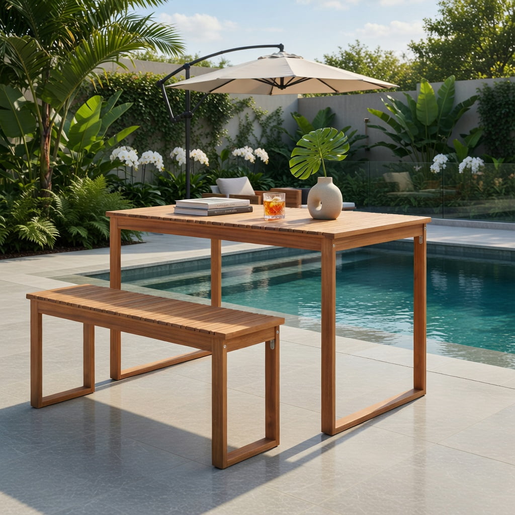 Hommoo Acacia Wood Outdoor Garden Bench, Slatted Seat Patio Bench for Porch, Balcony & Backyard, Natural
