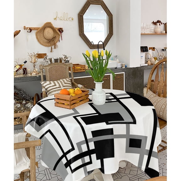 Black Grey Geometric Tablecloth Square Table Cloth 54x54, Waterproof Tablecloth Outdoor Table Cloth, Modern Abstract Art White Washable Table Cover for Kitchen Dining Party