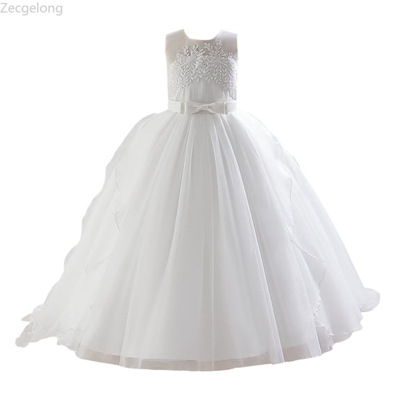 Zecgelong Toddler Girls Sleeveless Floral Embroidery Lace Tulle Ruffles Party Evening Dress Wedding Dress Girls Floral Dresses Size 6-7 Years White
