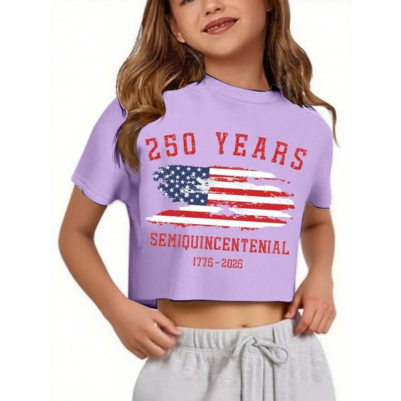 Y-Sunset Girls' 250th Anniversary USA Crop Top, Kids' Patriotic 4th of July Short Sleeve T-Shirt, Casual Independence Day Tee for Ages 5-14(Purple/7-8 Years)