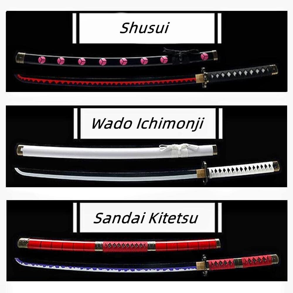 41 inches Anime Bamboo Wooden Roronoa Zoro Sword Set, Shusui/Wado Ichimonji/Sandai Kitetsu with Black Belt and Holder Stand