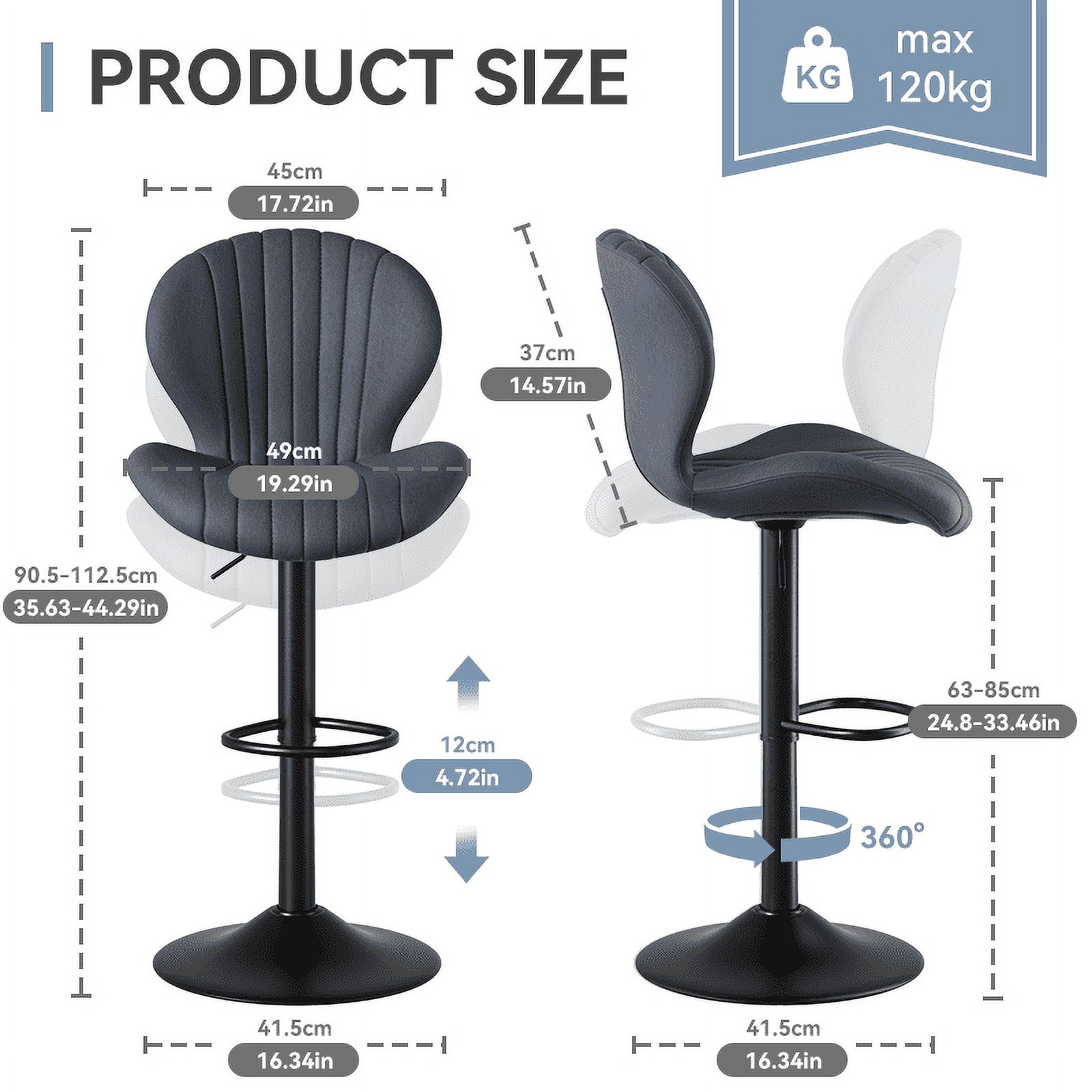 MOONMISS Modern Adjustable Bar Stool Faux Leather Bar Stool, Dark Gray(Set of 2)