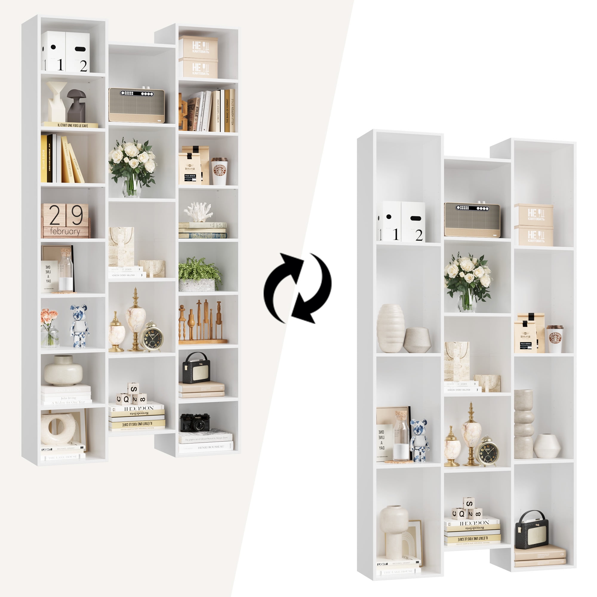 Homfa 21-Cube Bookcase, 71’’ Tall Wooden Bookshelves with Adjustable Shelves, Triple Wide CD Display Storage Organizer Shelf for Home Office, White