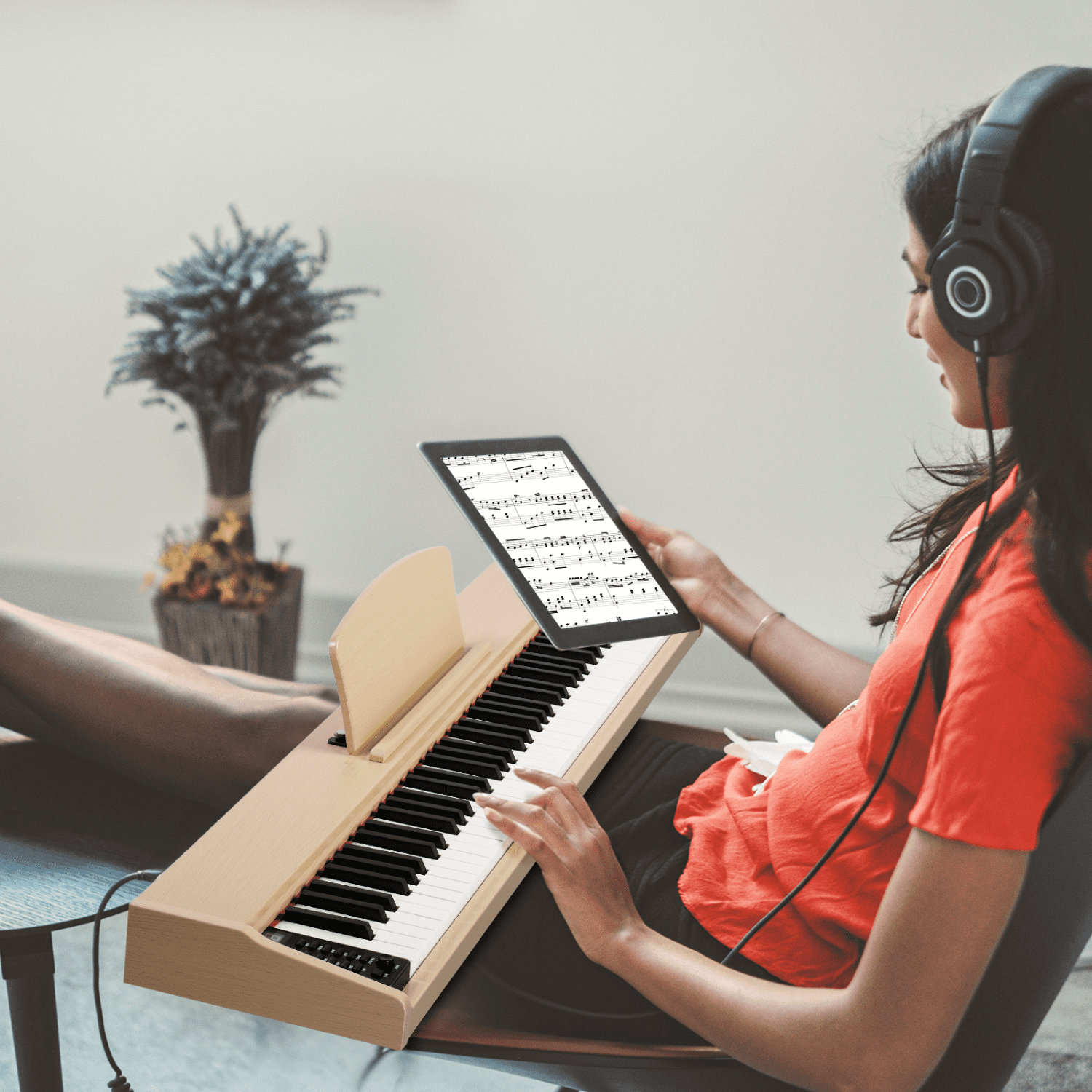 Hassch 88 Key Semi-Weighted Digital Piano Keyboard for Beginners with Headphone, MIDI Bluetooth and Triple Pedals, Teak Color