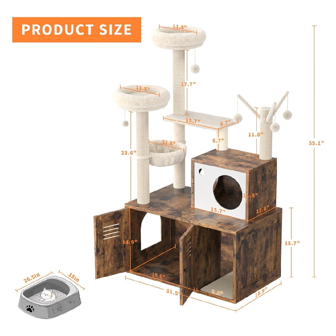 Large Cat Tree with Litter Box Enclosure,3-in-1 Cat Tower, Hidden Pet Washroom Litter Box Furniture,Wooden Multi-Level Cat Condo Furniture with Sisal Scratching Posts,Soft Plush Perch, Hammock