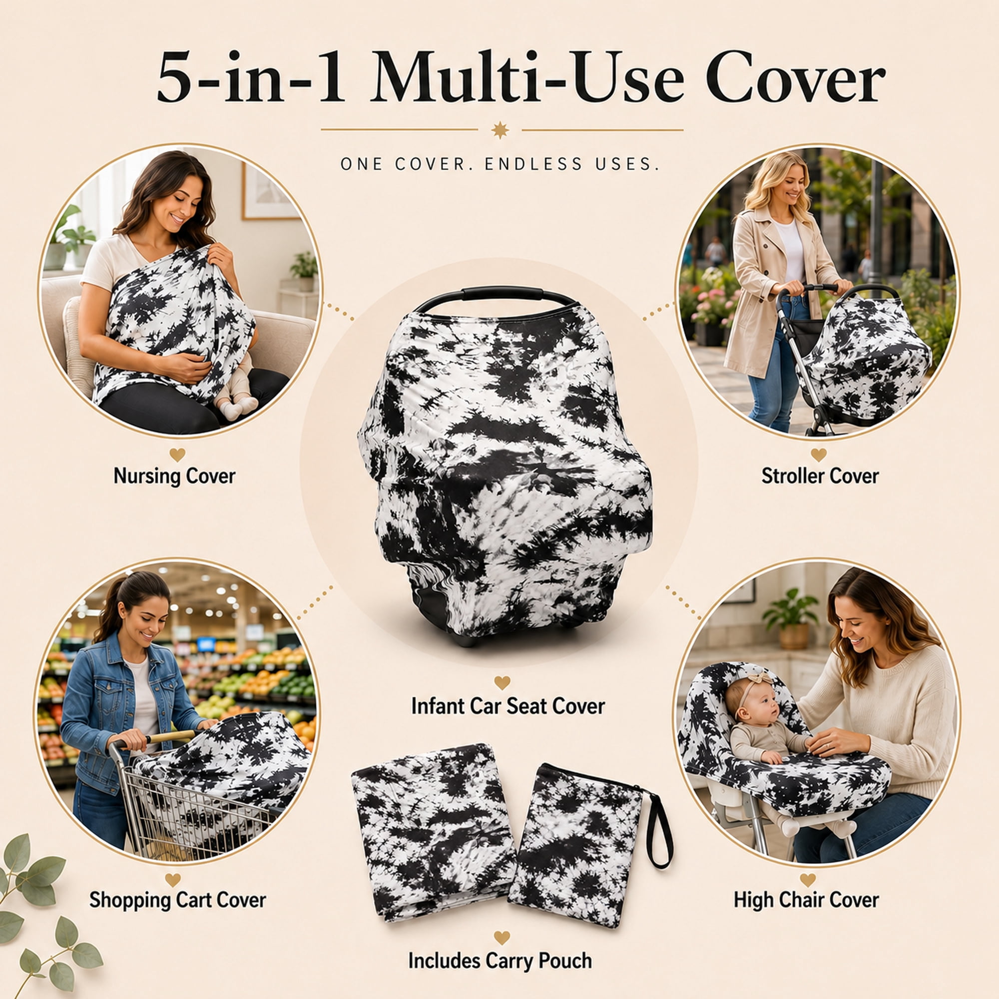 Baby Car Seat Cover & Nursing Cover, Stretchy 5-in-1 Breastfeeding Canopy with Carry Pouch, Black Tie-Dye