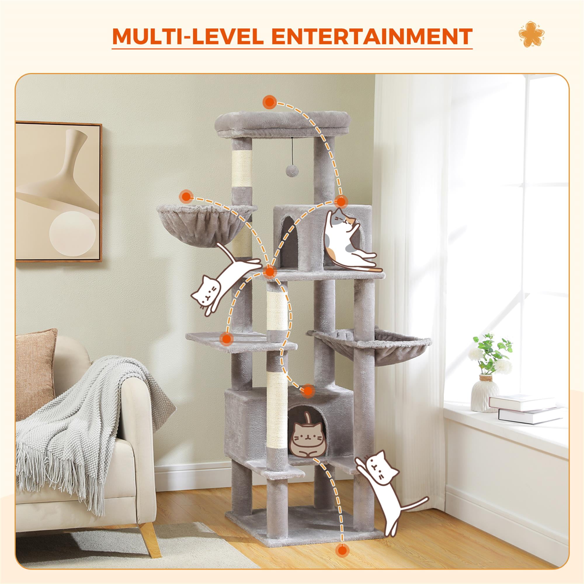 resenkos 66" Multi-Level Cat Tree Tower for Indoor with Sisal-Covered Scratching Posts, Cat Condo with Hammock and Deluxe Perch, Gray