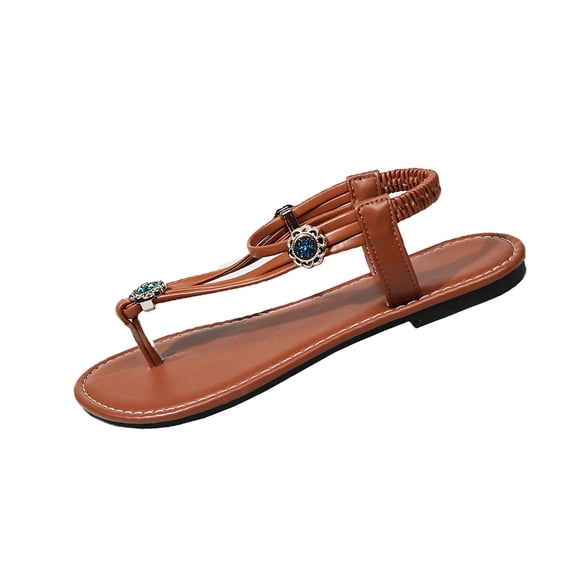 Abomasnow Flat Sandals for Women 2026 Summer Comfortable Elastic Ankle Strap Flats Shoes T-strap Bohemian Beaded Beach Sandal