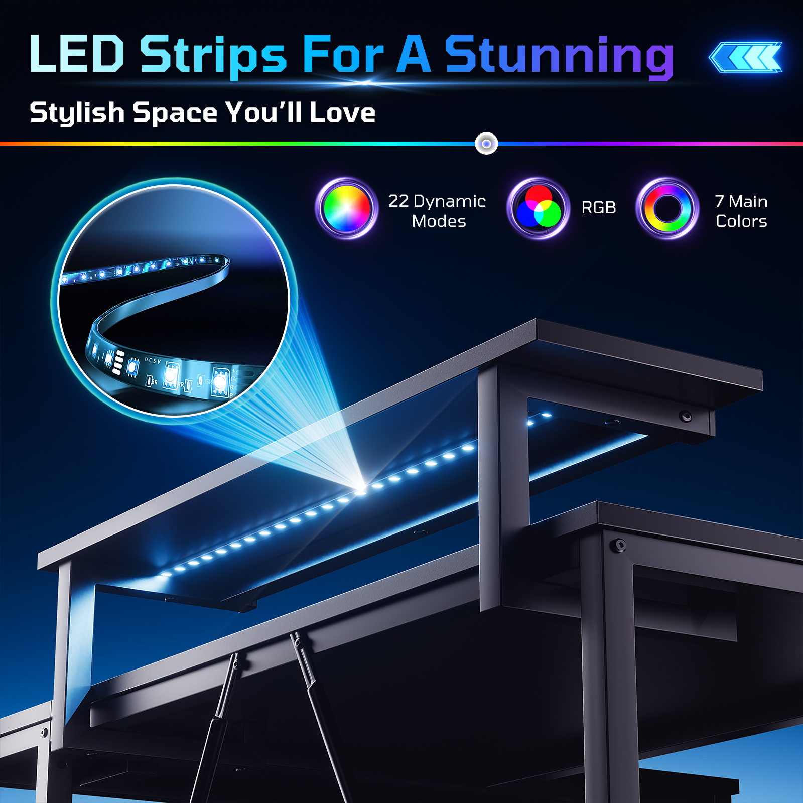 RSPGAME 42" L-Shaped Gaming Desk with LED Lights, Black photo 3