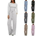thumbnail image 2 of Women's 2 Piece Lounge Set - Long Sleeve Crewneck Top & Wide Leg Pants, Rayon Blend Loungewear, 2 of 7
