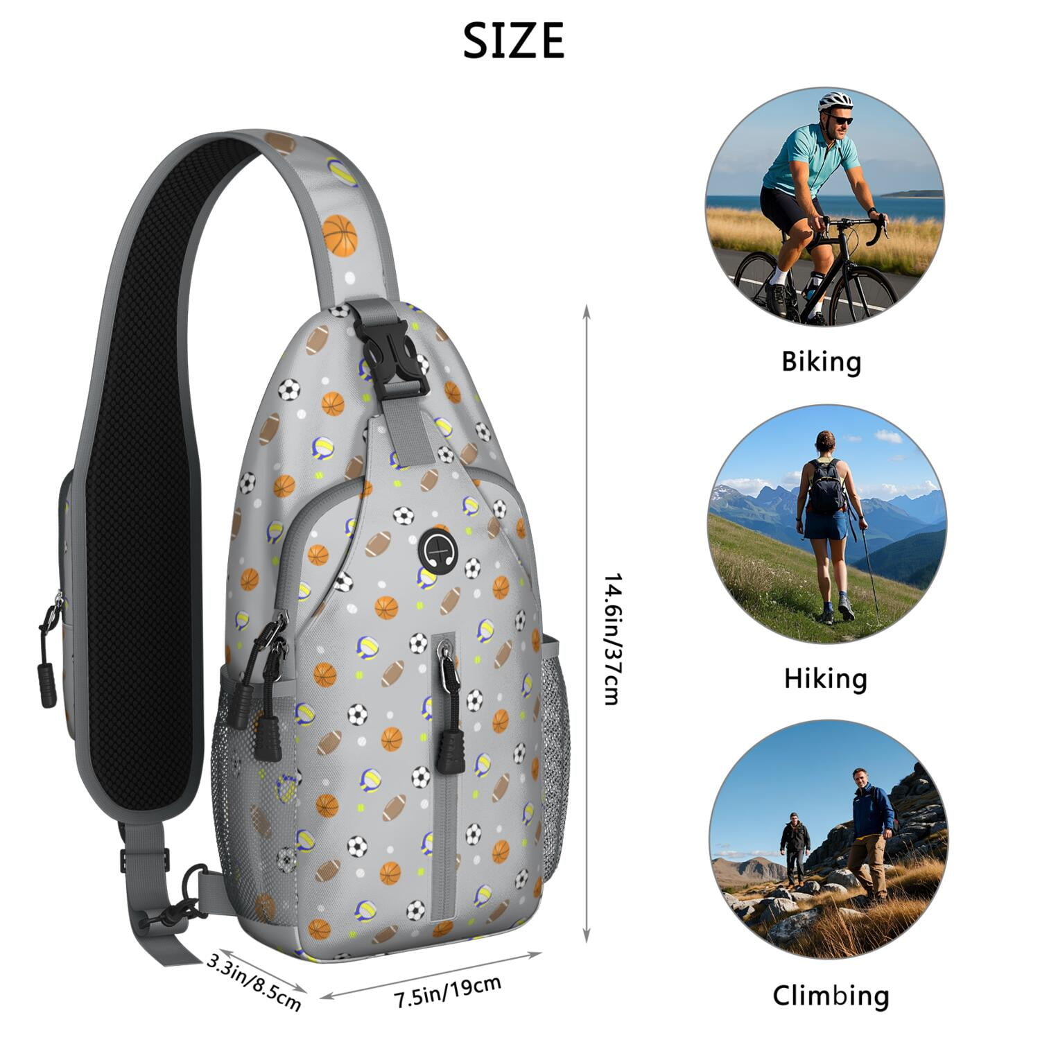 Sports Print Sling Backpack with Baseball, Football, and Soccer Themes – Water-Resistant Crossbody Bag with Anti-Theft Pocket, Large Storage Compartments, Adjustable Strap, Ideal for Boys
