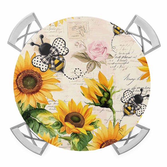 Sunflower Farmhouse Round Fitted Tablecloth with Elastic Edge, Waterproof Table Cloth Table Cover for 45"-54" Tables, Spring Summer Vintage Floral Bee Tablecloths for Dining Picnic Indoor Outdoor