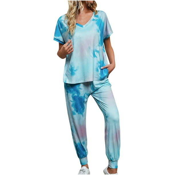 Women's 2 Piece Workout Outfits Trendy Tie Dye Crewneck Short Sleeve Tops  and Drawstring Pants Sport Sets Tracksuits