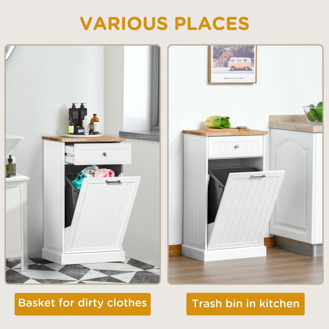 Kitchen Tilt Out Trash Cabinet, Freestanding Garbage Can Cabinet with Drawer, Recycling Bin Holder, Pet Proof Trash Storage, White