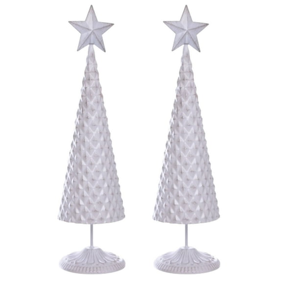 White Metallic Finish Christmas Tree Decorations 14 Inches Crafted Tabletop Centerpieces Indoor Holiday Festive Events Ornamental Figurine Winter Seasonal Occasional Portable Display Designs Pack of 2
