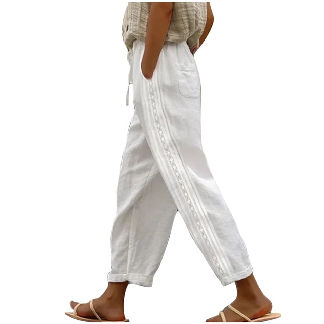 FNFYFH Clearance Ladies High Waist Linen Pants Loose Fit Solid Color Casual Long