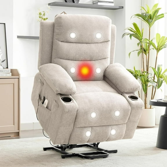 Towallmark Power Lift Recliner Chair, Oversize Electric Recliners for Elderly with Heat and Massage, Stand Assist with Cup Holders, Side Pocket, Single Sofa Seat for Living Room