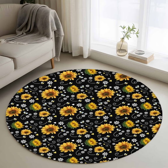 Round Area Rugs Collection 3.3 Ft, Black Yellow Sunflower Non-Slip Residential Carpet, Summer Botanical Farmhouse Floral Indoor Crawling Mats Doormat Runner Rugs Play Mat forBedroom