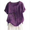 thumbnail image 2 of ALLLIST Floral Cute Summer Tops for Women Short Sleeve Crew Neck Purple Embroidery Blouses Button Casual Women Blouses Dressy Casual, 2 of 3