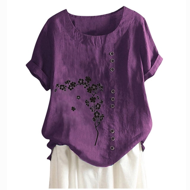 Blouses pour Femmes, T-Shirt à Boutons Imprimé Décontracté Mode d'Été pour Femmes à Col Rond et Manches Courtes