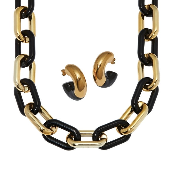 Acrylic Link Necklace Black and Gold Ion-Plated Stainless Steel Earrings Set