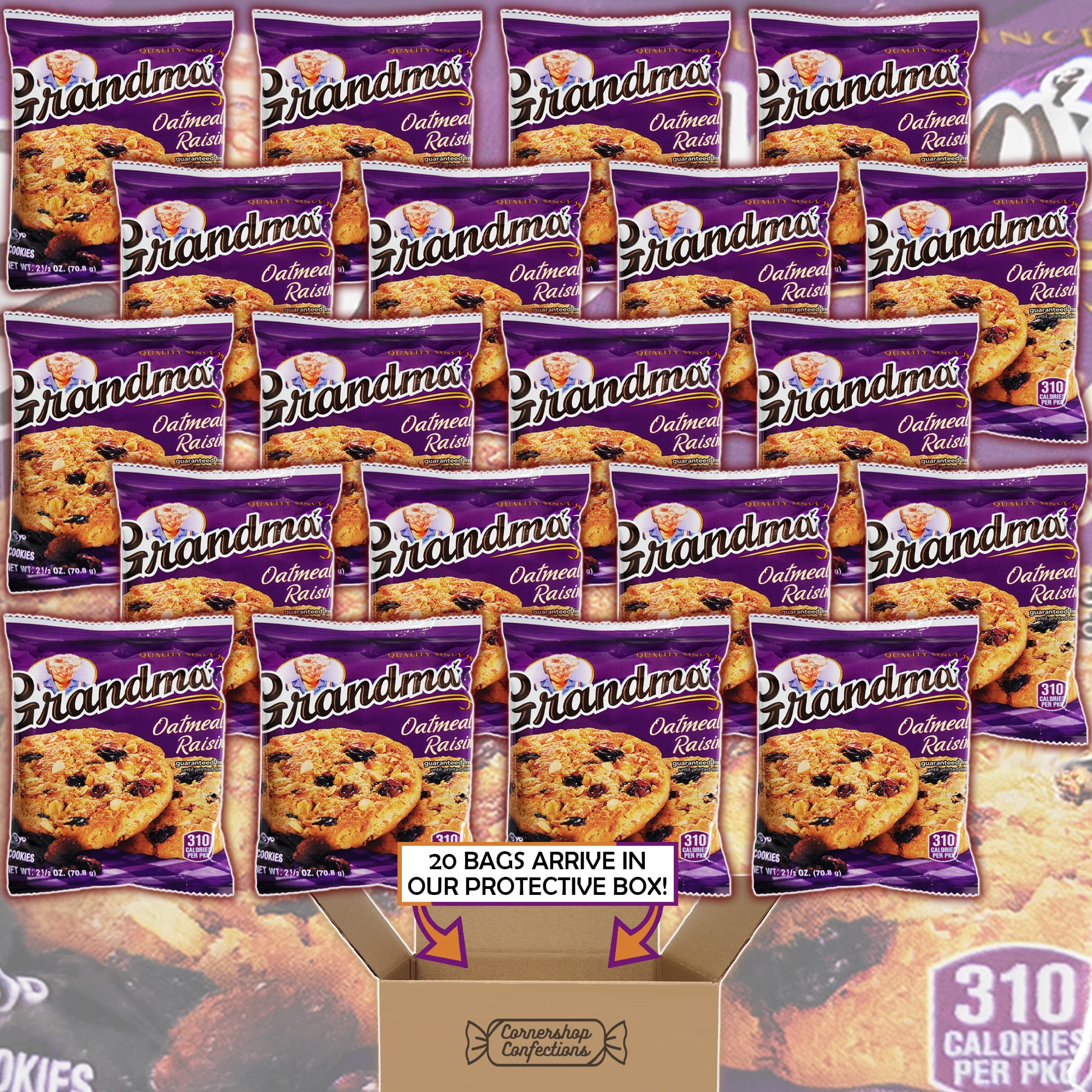 Grandma's Oatmeal Raisin Cookies Bulk Pack - 20 Individually Sealed 2.5 ounce Bags, Each With 2 Large Cookies - For Birthdays, Lunchboxes, Work Snacks, Road Trips in Cornershop Confections Pack