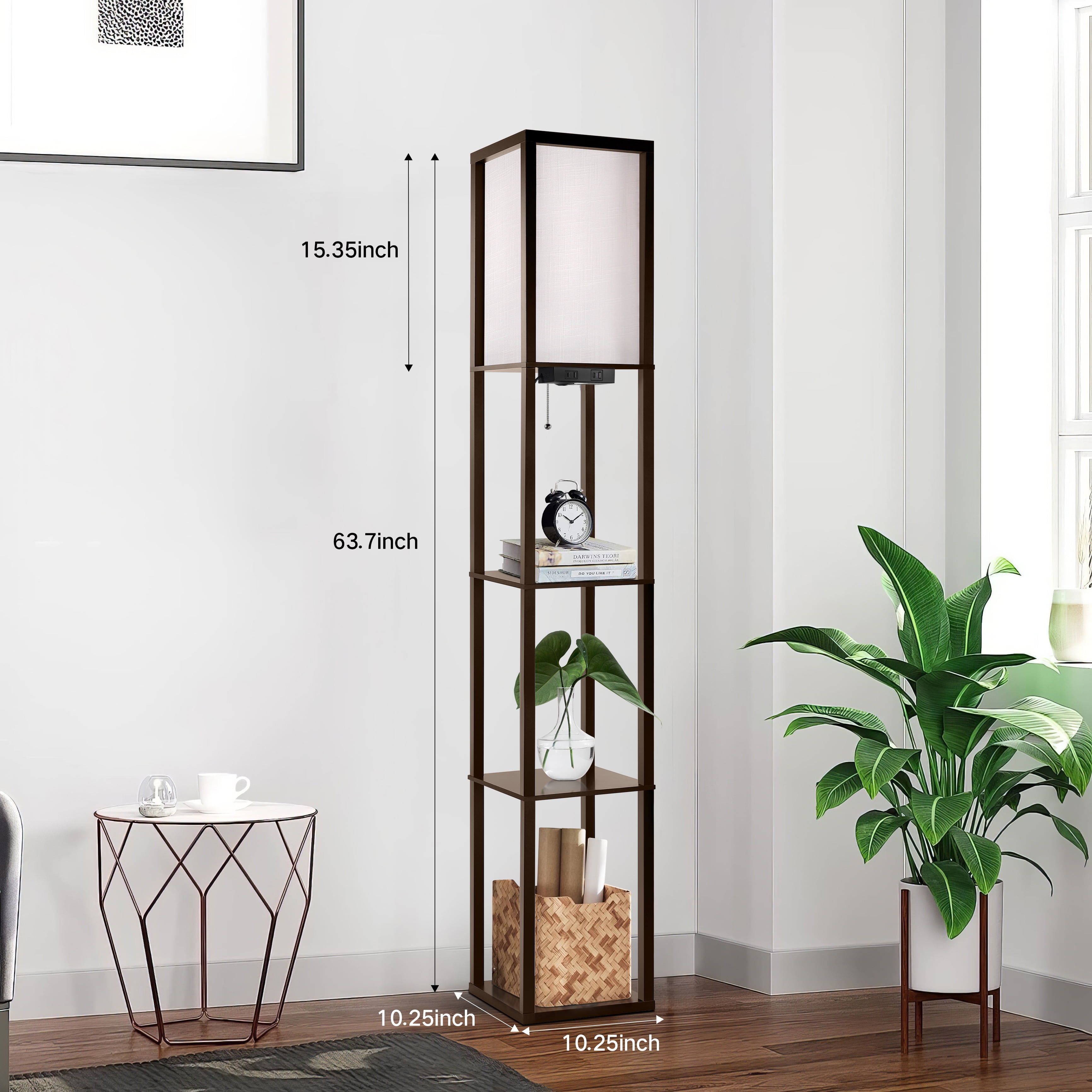OUTON Floor Lamp with Shelves and Charging,  63.7''  Dimmable Standing Tall Wood Shelf Lamp with Remote for Living Room, Bedroom, Brown