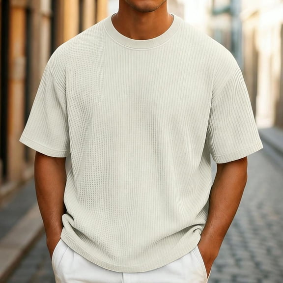 Bxsruta Men's Waffle Knit Short Sleeve Crew Neck Loose Fit Pullover T Shirt Comfy Polyester Daily Tops