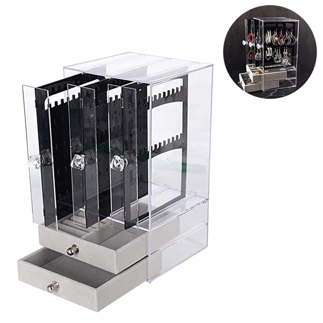 Jewelry Organizer Box with 2 Drawers and 3 Acrylic Earring Storage Display Holder for Rings Necklace Bracelet-Black