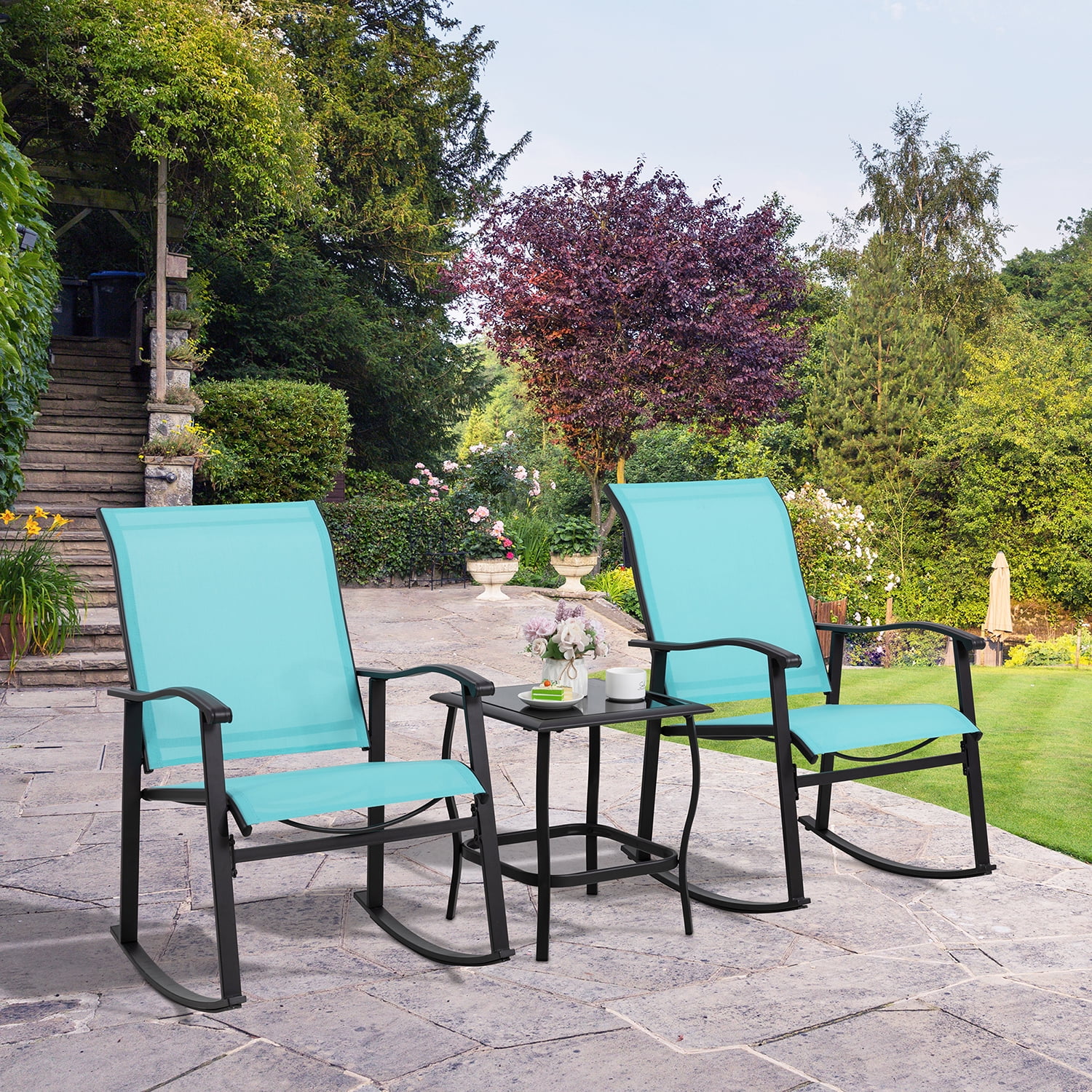 Walsunny 3 Pieces Rocking Bistro Patio Furniture Rocker Set with 2 Outdoor Rocking Chairs and 1 Glass Coffee Table for Porch Deck Lawn,Blue