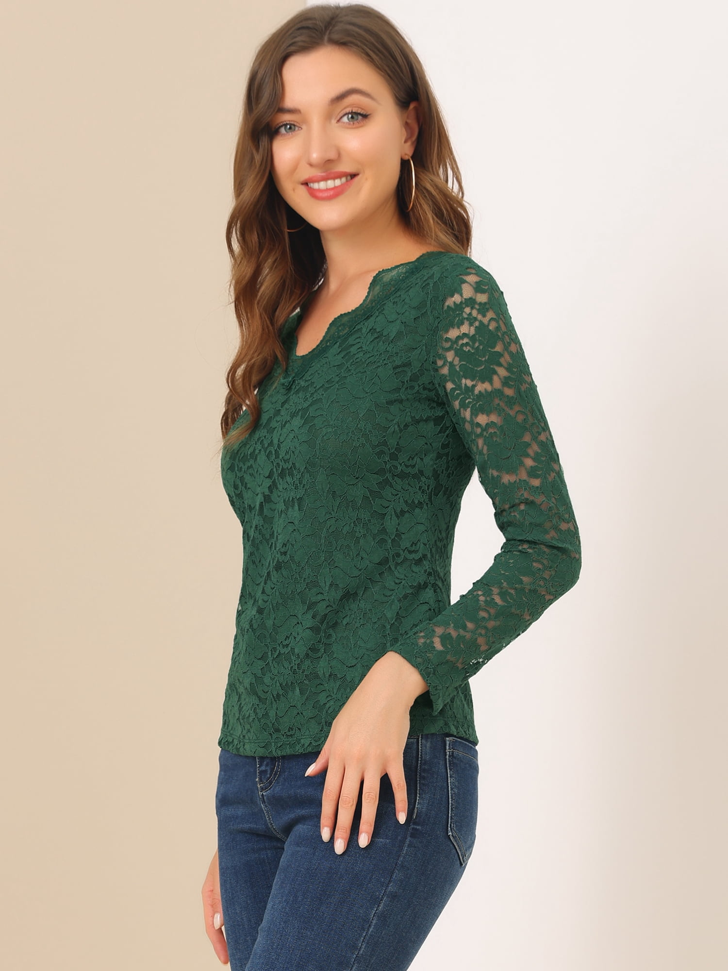 DARING DIVA Floral Lace Shirt Lace Scalloped Trim Blouse M Dark Green