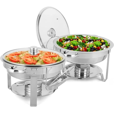 

ROVSUN 5 Qt 2 Pack Round Chafing Dish Buffet Set with Glass Lid & Lid Holder