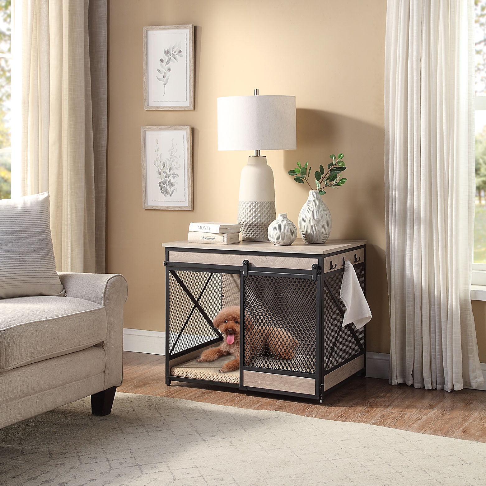 Unipaws Furniture Style Dog Crate, Wooden Mesh Pet Kennels, Dog House Indoor Use, Gray