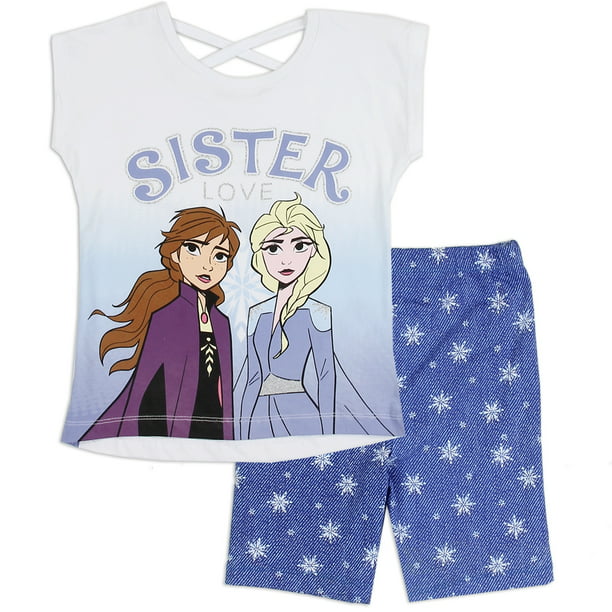 Frozen 'Sister Love' Crisscross Back Tee & Blue Snowflake Bike Shorts 2PC Set- White/Blue - Sizes 4, 5, 6X - Walmart.com