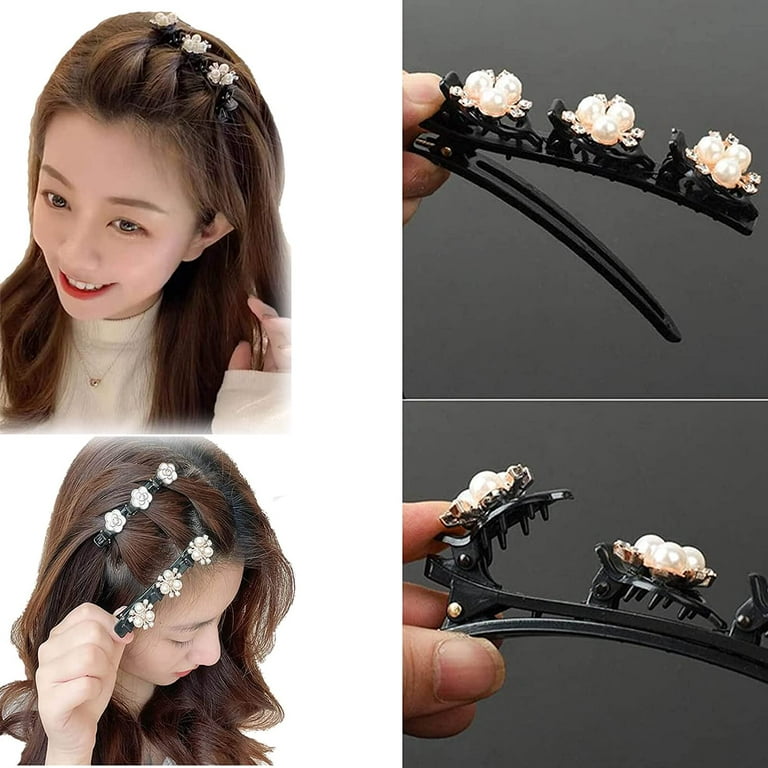 4PCS Braided Hair Clips, Braided Hair Clip with 6 Small Clips，Black  Four-leaf clover, pearl, camellia flower, butterfly pattern,  multi-functional
