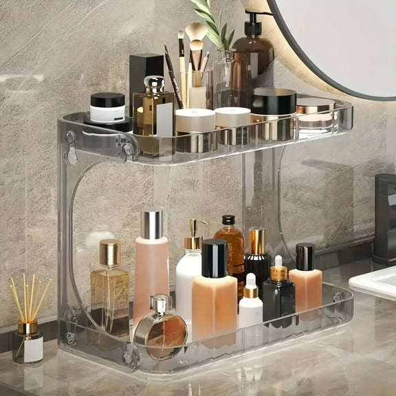 2-Tier Clear Makeup Organizer - Durable Plastic Storage Rack for Cosmetics, Skincare & Perfume, Space-Saving for Bathroom & Vanity