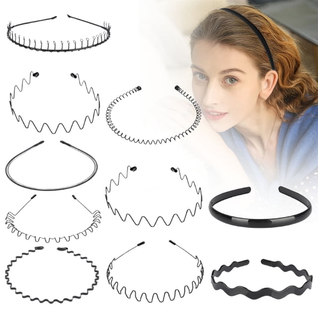 10Pcs Metal Hair For Men And Womenelastic Wavy Spring Sports Headbands Non Slip Hair Hoop Clips,Black Polyester Hair Clip