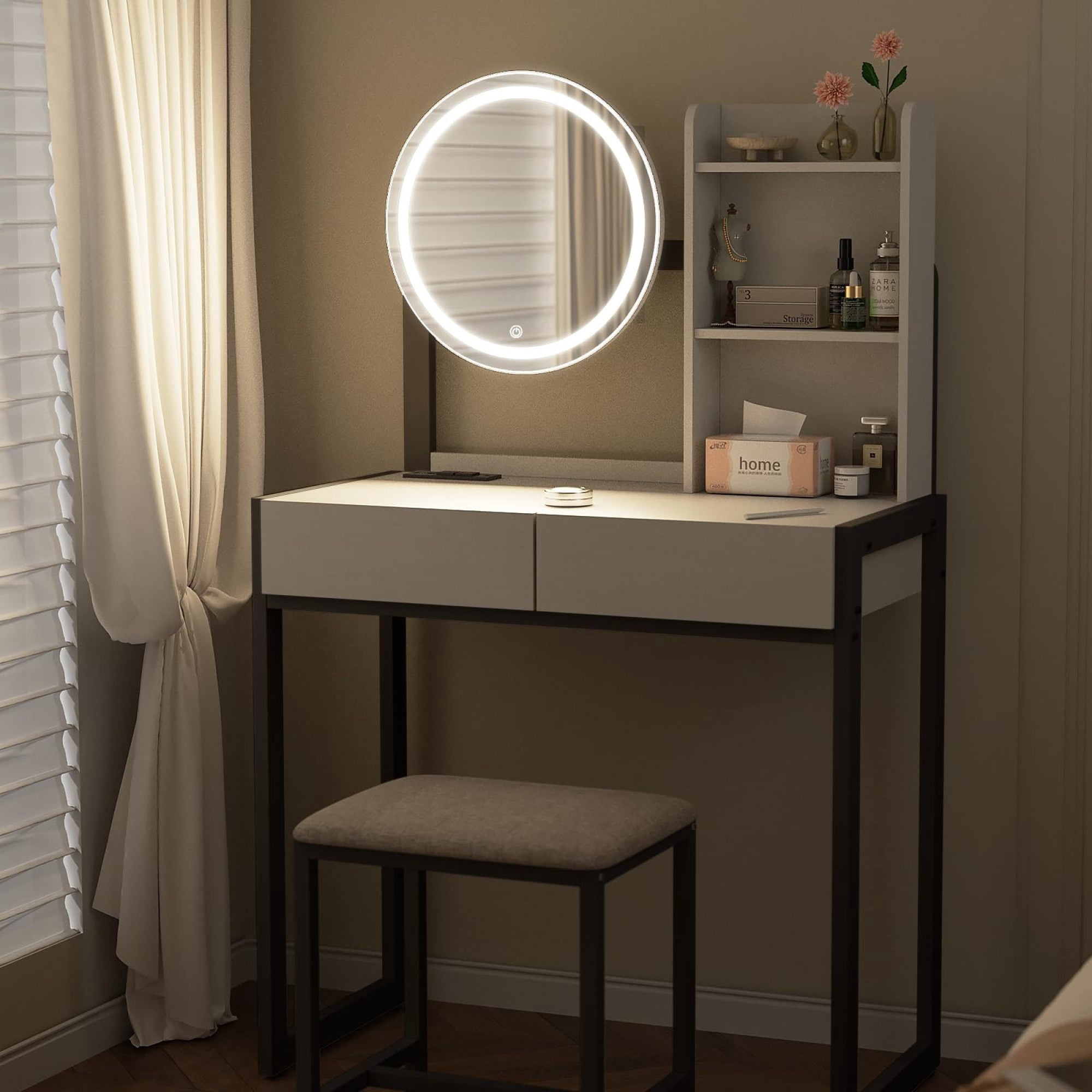 Leumius Small Vanity Desk with Mirror and Lights, Makeup Vanity Table with LED Mirror, 3 Lighting Modes, Power Outlet, Drawer, Open Shelves and Cushioned Stool for Bedroom (White and Black)